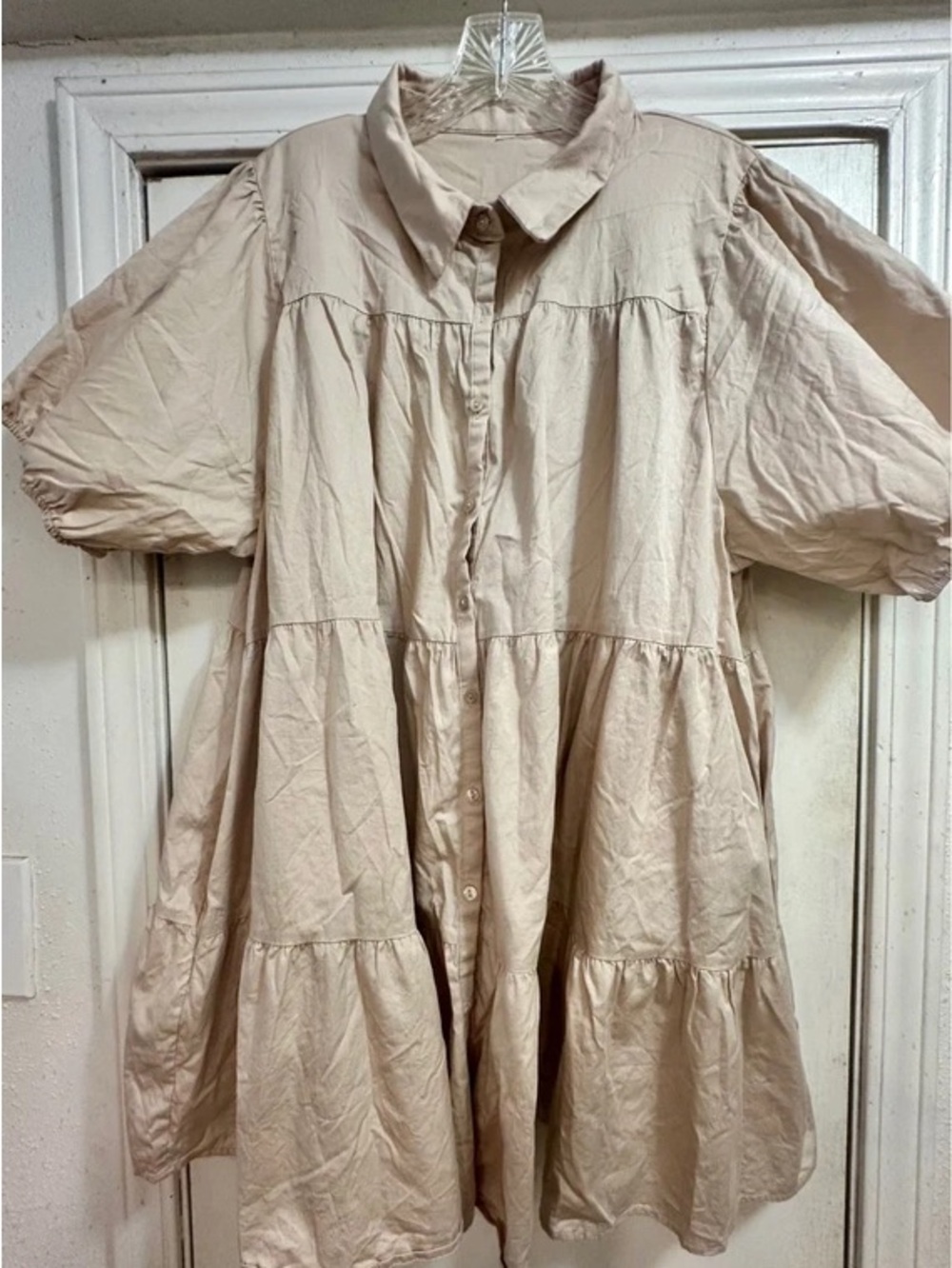Relaxed Beige Tiered Mini Shirt Dress - Womens